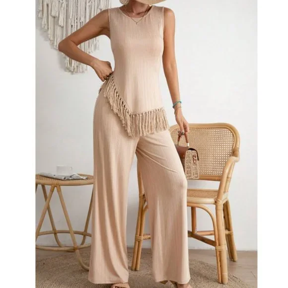 Apricot Boho Womens Fringe Hem Tank Top & Wide Leg Pants - Picture 3 of 4